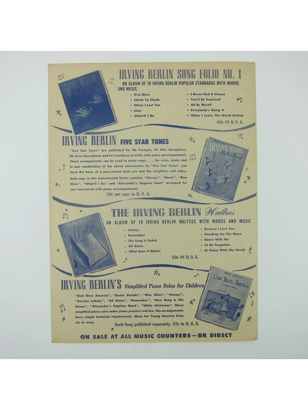Sheet Music Just A Blue Serge Suit Irving Berlin WWII Soldier Song Vintage 1945